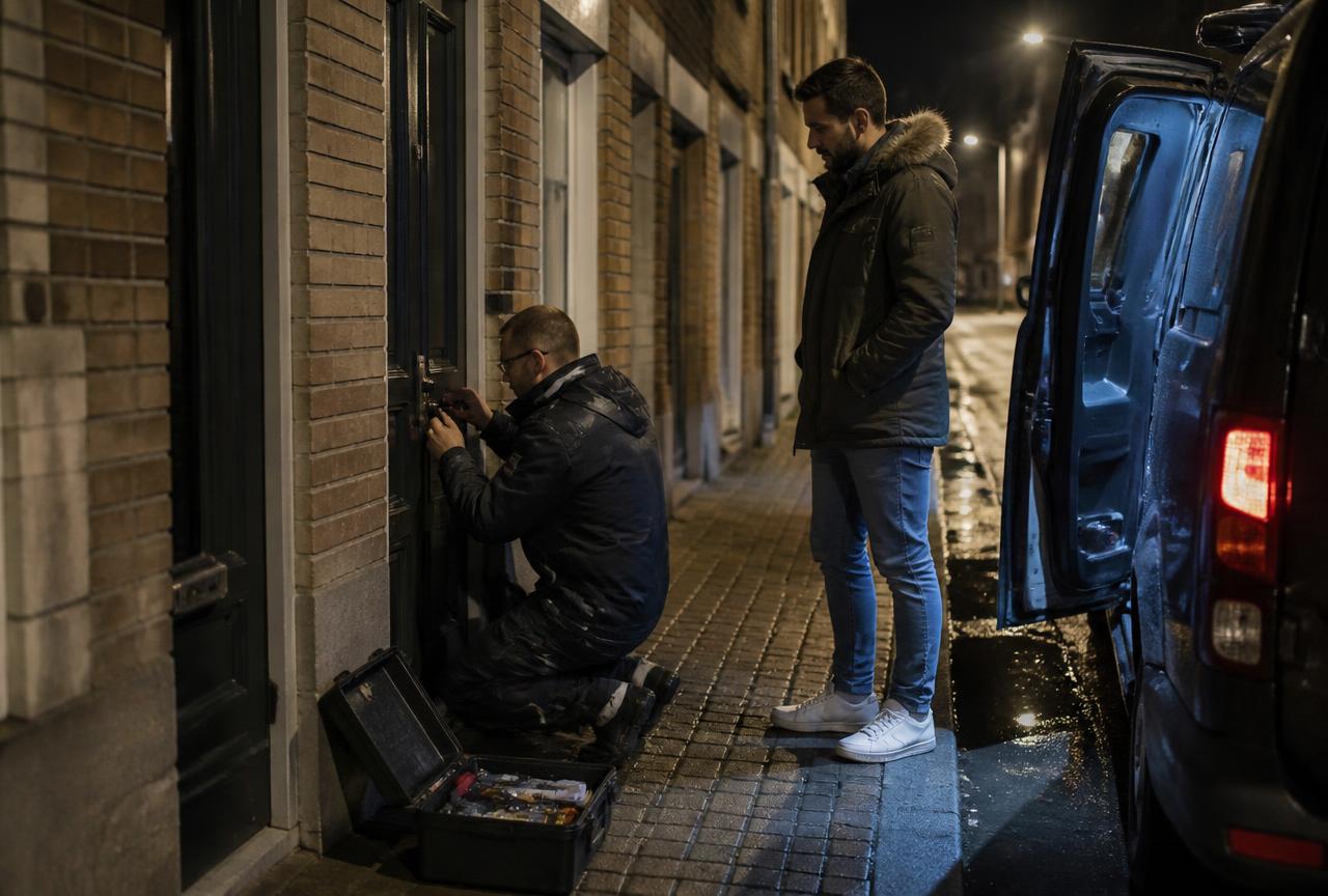 Slotenmaker opent 's avonds een voordeur in een Dendermondse straat